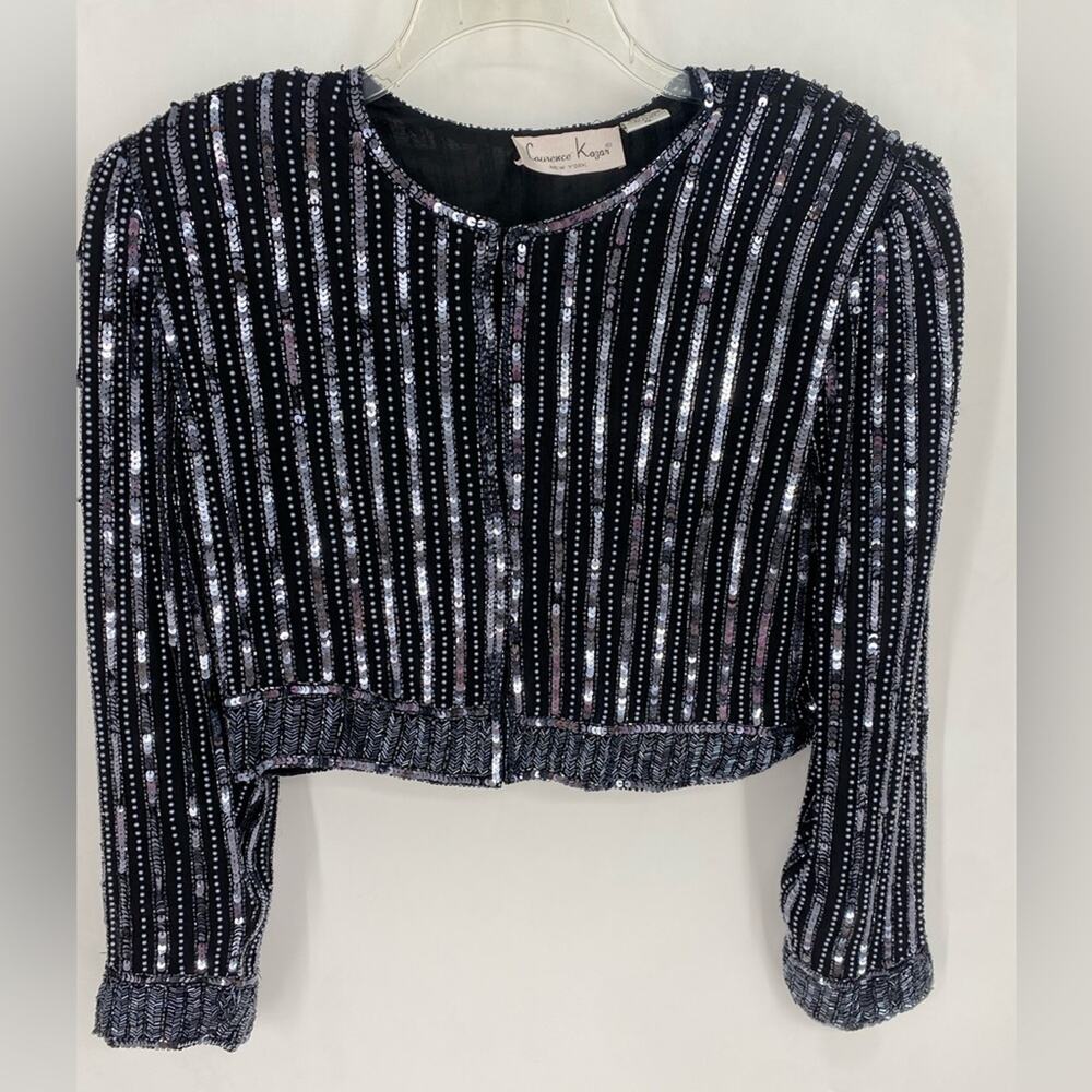VTG Laurence Kazar New York black grey cropped Beaded Sequin Evening Jacket XL